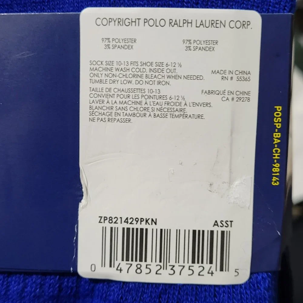 Polo Ralph Lauren Classic Sport Crew Sock 3-Pack Pair Yellow Navy Royal Blue - Picture 10 of 10